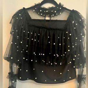 San Joy Black with White Pearls Layered Tulle Sheer Blouse Size L NEW